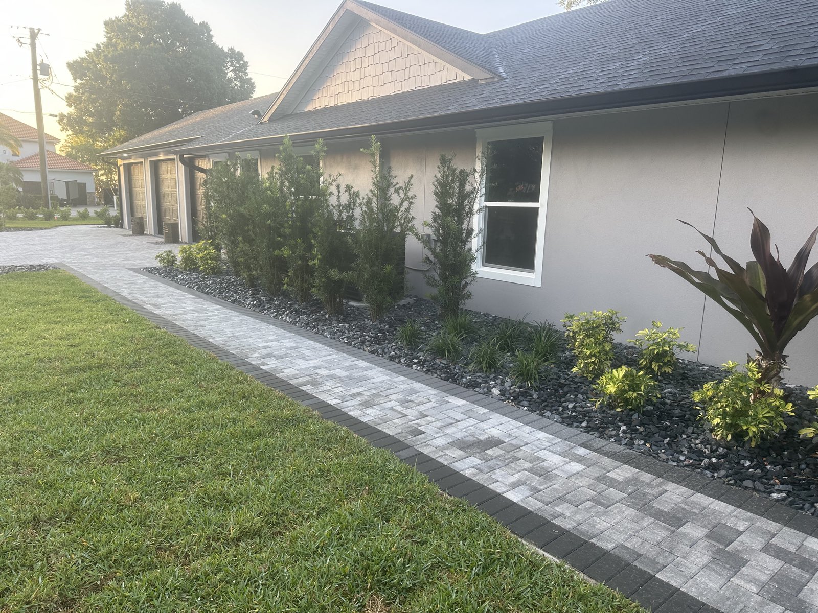 Completed home exterior with a finished walkway