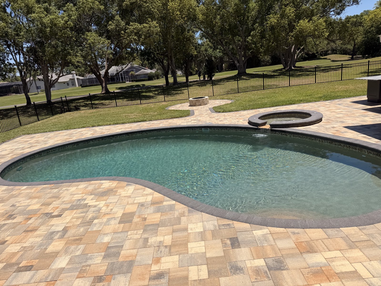 Freeform pool with a wide paver deck