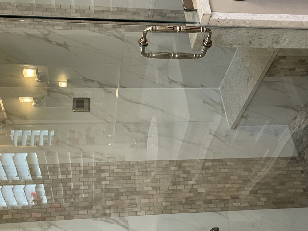 Marble walk-in shower with frameless glass and inset niche